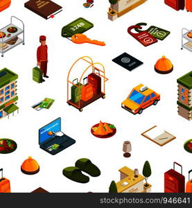 Vector colored 3d isometric hotel icons set pattern or background illustration. Vector isometric hotel icons pattern or background illustration