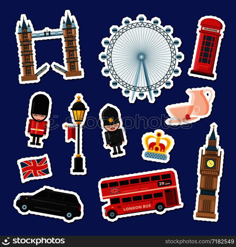 Vector colored cartoon London sights and objects stickers of set illustration. England attractions banners. Vector cartoon London stickers set illustration. England attractions banners