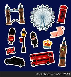 Vector colored cartoon London sights and objects stickers of set illustration. England attractions banners. Vector cartoon London stickers set illustration. England attractions banners