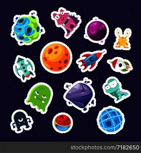 Vector colored cartoon space planets and ships stickers set illustration. Vector cartoon space planets and ships stickers set