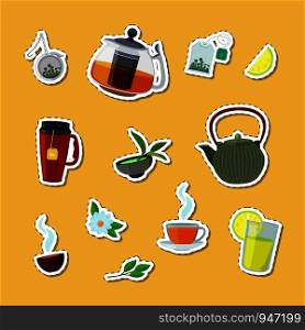 Vector colored cartoon tea kettles and cups stickers of set illustration. Vector cartoon tea kettles and cups stickers set illustration