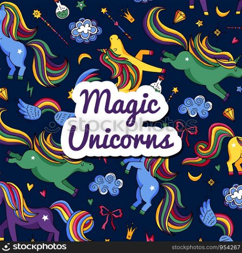 Vector colored cute hand drawn magic unicorns and stars clouds in sky background with place for text illustration. Vector hand drawn magic unicorns and stars background with place for text illustration