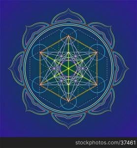 vector colored design mandala sacred geometry illustration Metatron's cube yantra lotus isolated dark background &#xA;