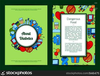 Vector colored diabetes icons card or flyer template of set illustration. Vector colored diabetes icons card or flyer