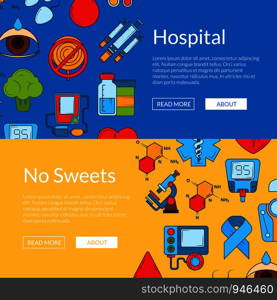 Vector colored diabetes icons web banner templates illustration. Color poster for hospital. Vector colored diabetes icons web banner templates illustration