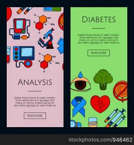 Vector colored diabetes icons web banner templates illustration. Poster analysis color. Vector colored diabetes icons web banner illustration