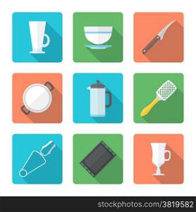 vector colored falt design dinnerware tableware utensil icons mug, soup plate, citrus knife, pan, teapot, grater, tongs, oven-tray, dripping pan, mug, cup &#xA;