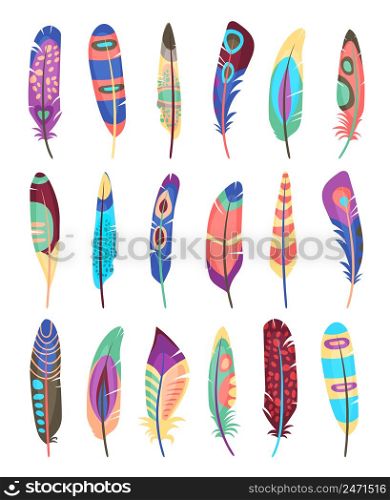 Vector colored feathers set. Bird feathers painted in colorful patterns
