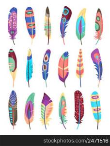 Vector colored feathers set. Bird feathers painted in colorful patterns