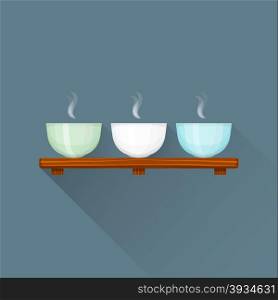 vector colored flat design asian white green blue porcelain bowls hot tea on wooden stand illustration isolated dark background long shadow&#xA;