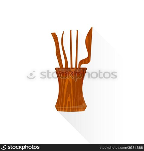 vector colored flat design asian wooden tea tools shuffle needle digger tongs funnel in vase illustration isolated white background long shadow&#xA;