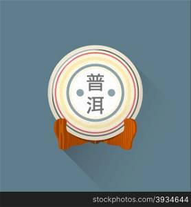 vector colored flat design chinese puer tea cake on wooden stand illustration isolated dark background long shadow&#xA;
