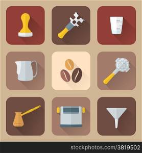 vector colored flat design coffee barista equipment icons set tools espresso tamper, coffee wrench, measuring glass, pitcher, coffee beans, filter holder, funnel, knockbox, turk coffee pot&#xA;