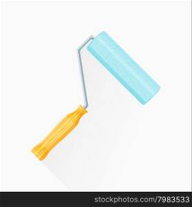 vector colored flat design house remodel cyan paint roller wooden textured handle illustration isolated white background long shadow&#xA;
