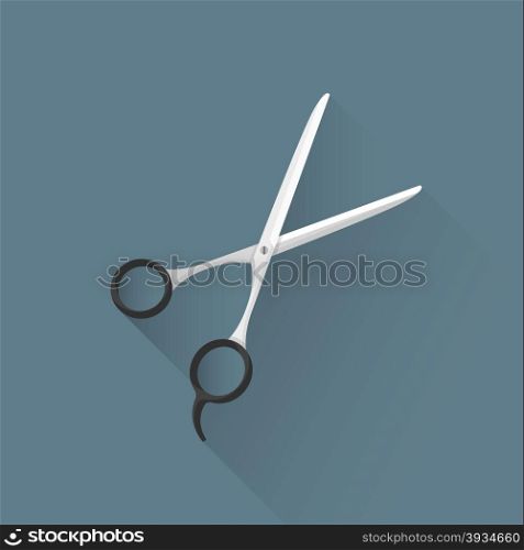 vector colored flat design iron barber sharp scissors black plastic handle illustration isolated dark background long shadow&#xA;