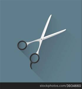 vector colored flat design iron barber sharp scissors black plastic handle illustration isolated dark background long shadow&#xA;