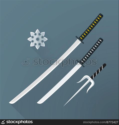 vector colored flat design japan cold steel arms katana sword wakizashi shuriken sai isolated illustration gray background long shadows&#xA;
