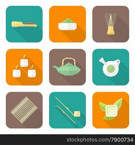 vector colored flat design japan tea ceremony equipment icons collection tools set&#xA;