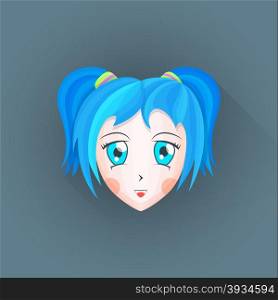 vector colored flat design japanese anime manga girl face big blue eyes cyan hair illustration isolated dark background long shadow&#xA;