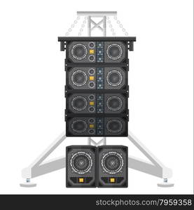 vector colored flat design line array loudspeakers satellites suspended metal truss subwoofers isolated illustration on white background&#xA;