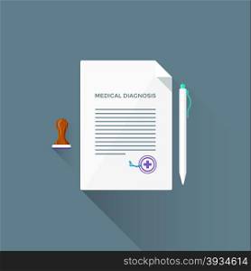 vector colored flat design medical diagnosis paper sign cross wooden stamp white pen illustration isolated dark background long shadow&#xA;