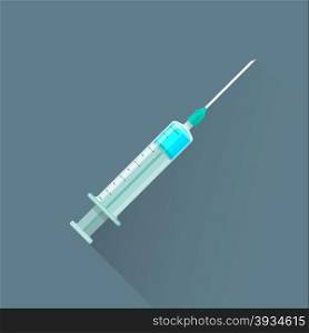 vector colored flat design medical plastic syringe with blue liquid iron needle illustration isolated dark background long shadow&#xA;