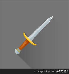 vector colored flat design metal sharp blade battle dagger wood handle isolated illustration gray background long shadow&#xA;