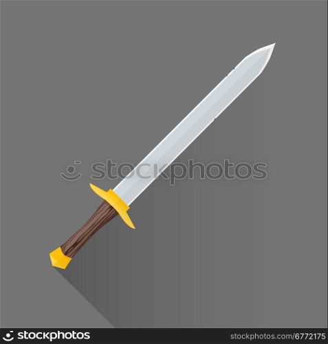 vector colored flat design metal sharp blade battle sword wood handle isolated illustration gray background long shadow&#xA;