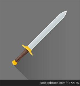 vector colored flat design metal sharp blade battle sword wood handle isolated illustration gray background long shadow&#xA;
