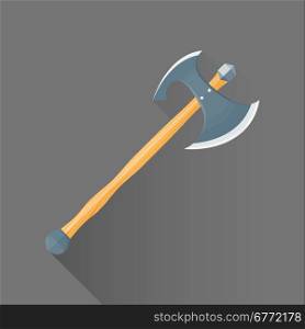 vector colored flat design metal sharp double blade battle axe wood handle isolated illustration gray background long shadow&#xA;