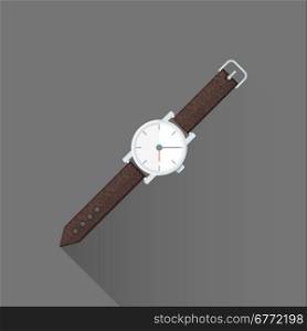 vector colored flat design metal wristwatch brown leather strap isolated illustration gray background long shadow&#xA;