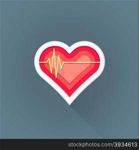 vector colored flat design red heart pulse line cardiac sign illustration isolated dark background long shadow&#xA;