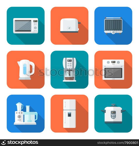 vector colored flat design various kitchen electric devices gadgets icons set long shadow&#xA;