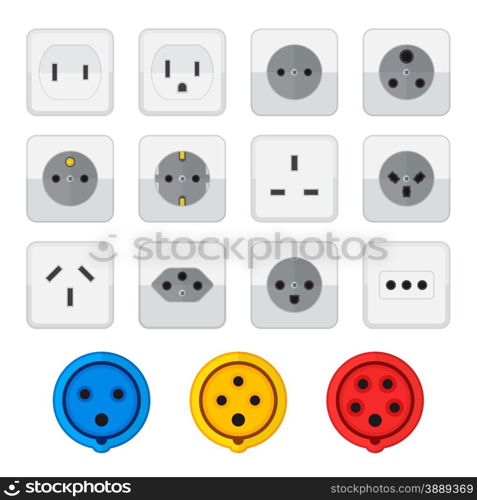 vector colored flat design various power socket input types icon set white background&#xA;