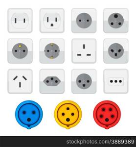 vector colored flat design various power socket input types icon set white background&#xA;