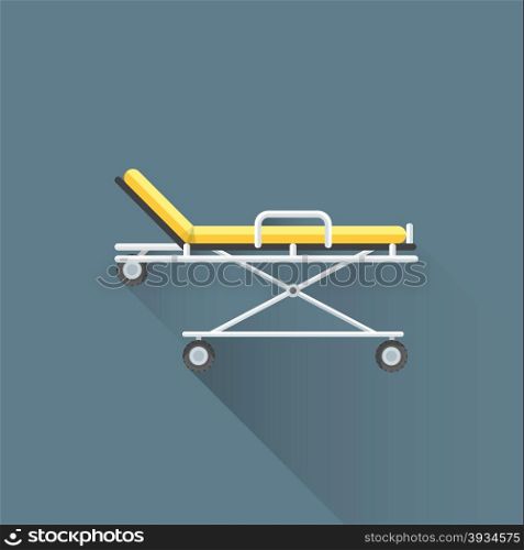 vector colored flat design yellow medical emergency stretcher metal frame rubber black wheels illustration isolated dark background long shadow&#xA;