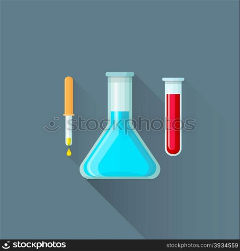 vector colored flat design yellow pipette blue flask red bloody test-tube laboratory glassware illustration set isolated dark background long shadow&#xA;