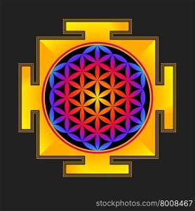 vector colored hinduism flower of life yantra illustration circles diagram isolated on black background&#xA;