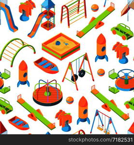 Vector colored icon isometric playground objects background or pattern illustration. Vector isometric playground objects background or pattern illustration