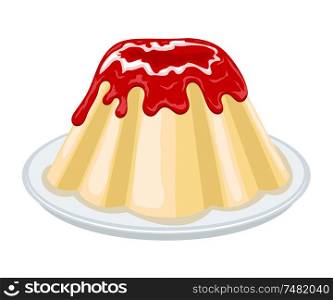 Vector colored illustration round sweet cheesecake on a plate. Cartoon Cheesecake with red jam. Stock vector illustration