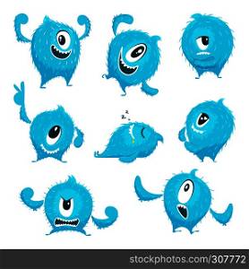 Vector colored monster in cartoon style. Different action poses and cute faces. Funny monster cyclop creative illustration. Vector colored monster in cartoon style. Different action poses and cute faces