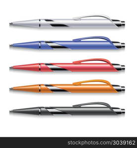 Vector colored office pens set. Vector colored office pens. Set of ballpoint colored for office work and education to school illustration
