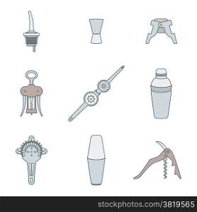 vector colored outline barman equipment icons set tools pour spout, jigger, plug, winged corkscrew, wine opener, squeezer, shaker, cocktail strainer
