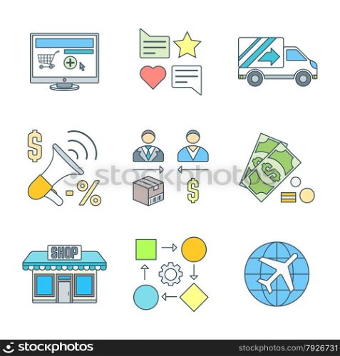 vector colored outline business distribution marketing process icons set white background&#xA;
