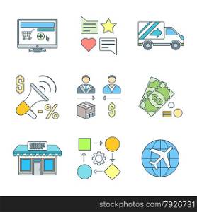 vector colored outline business distribution marketing process icons set white background&#xA;