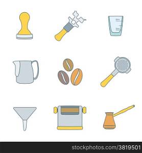 vector colored outline coffee barista equipment icons set tools espresso tamper, coffee wrench, measuring glass, pitcher, coffee beans, filter holder, funnel, knockbox, turk coffee pot&#xA;