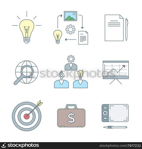 vector colored outline creative business process icons set white background&#xA;