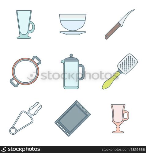 vector colored outline dinnerware tableware utensil icons mug, soup plate, citrus knife, pan, teapot, grater, tongs, oven-tray, dripping pan, mug, cup &#xA;