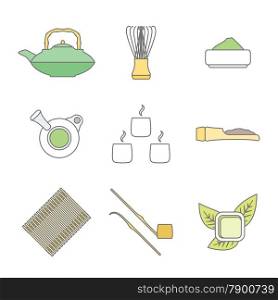 vector colored outline japan tea ceremony equipment icons collection tools set white background&#xA;