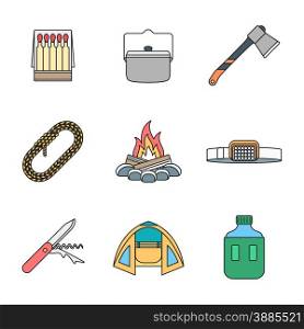 vector colored outline various camping icons set white background&#xA;